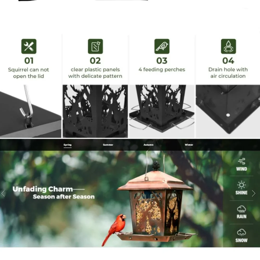 Copper Color Lantern Style Bird Feeder for Outdoors - Wild Bird Hopper Feeder